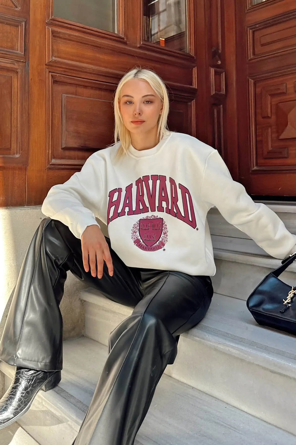 Beyaz Hrvrd Baskılı İçi Pamuklu Kadın Sweatshirt