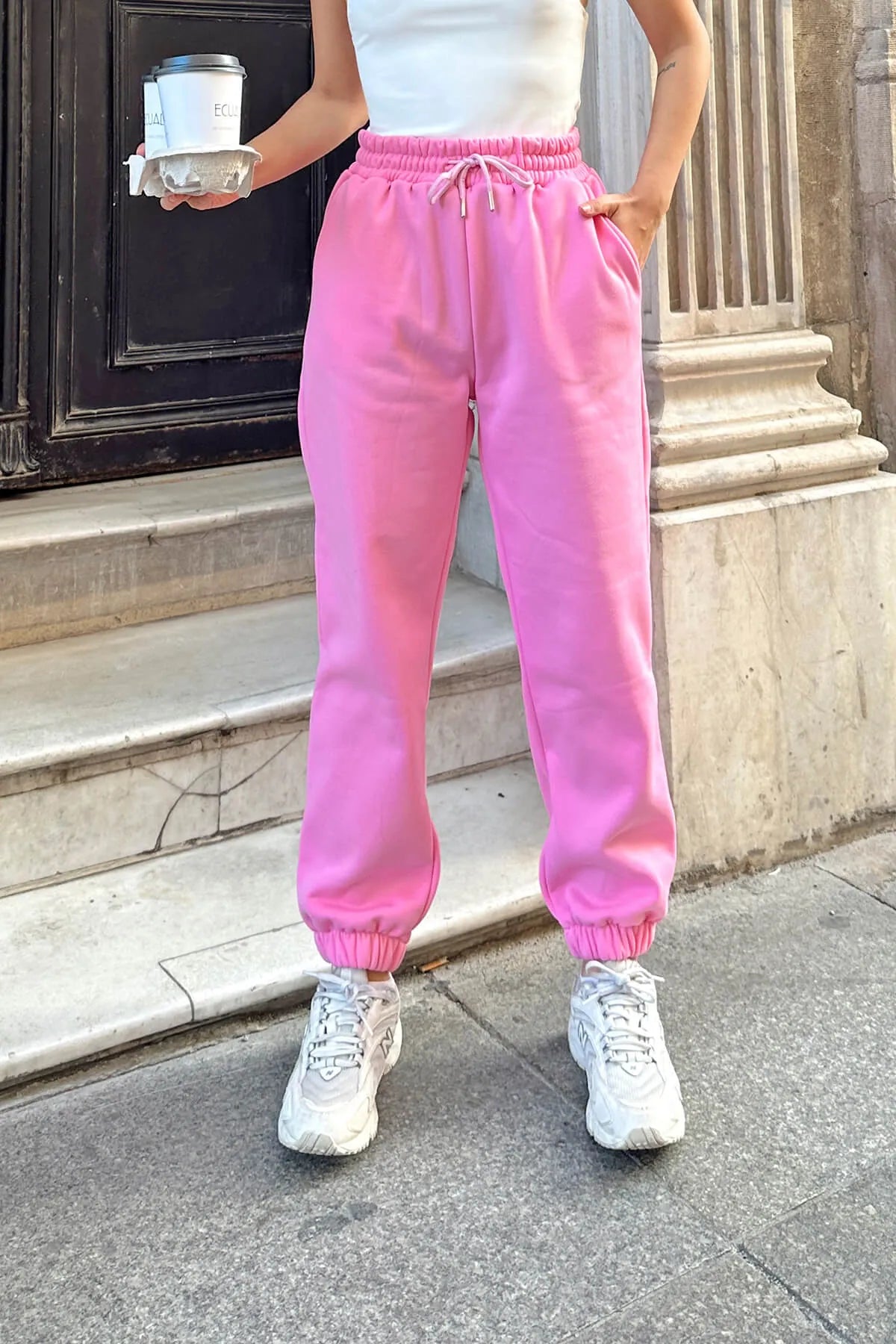 Pembe Yüksek Bel Paçası Lastikli İçi Şardonlu Kadın Eşofman Altı