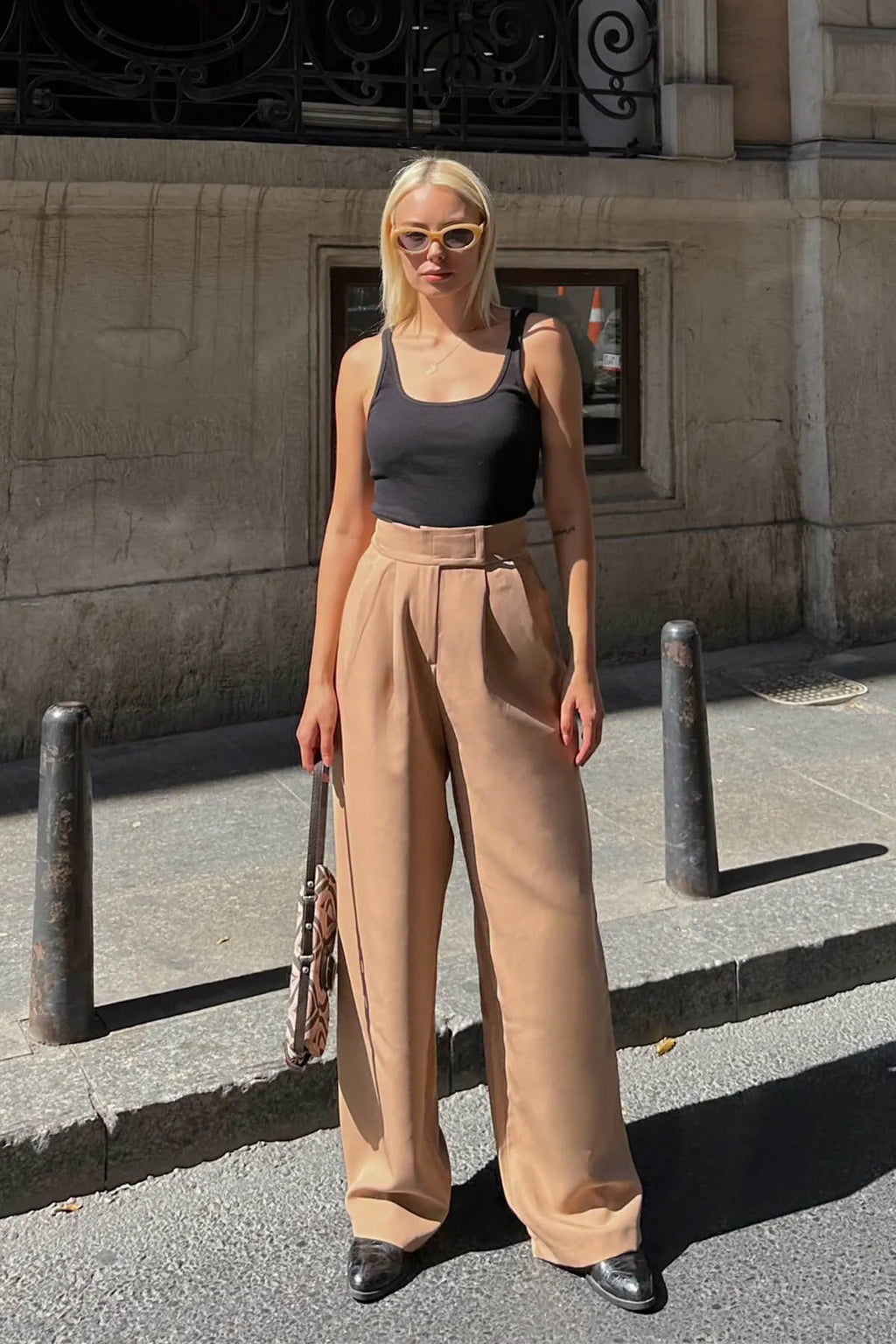 Vizon Cırtlı Yüksel Bel Wide Leg Kadın Palazzo Pantolon