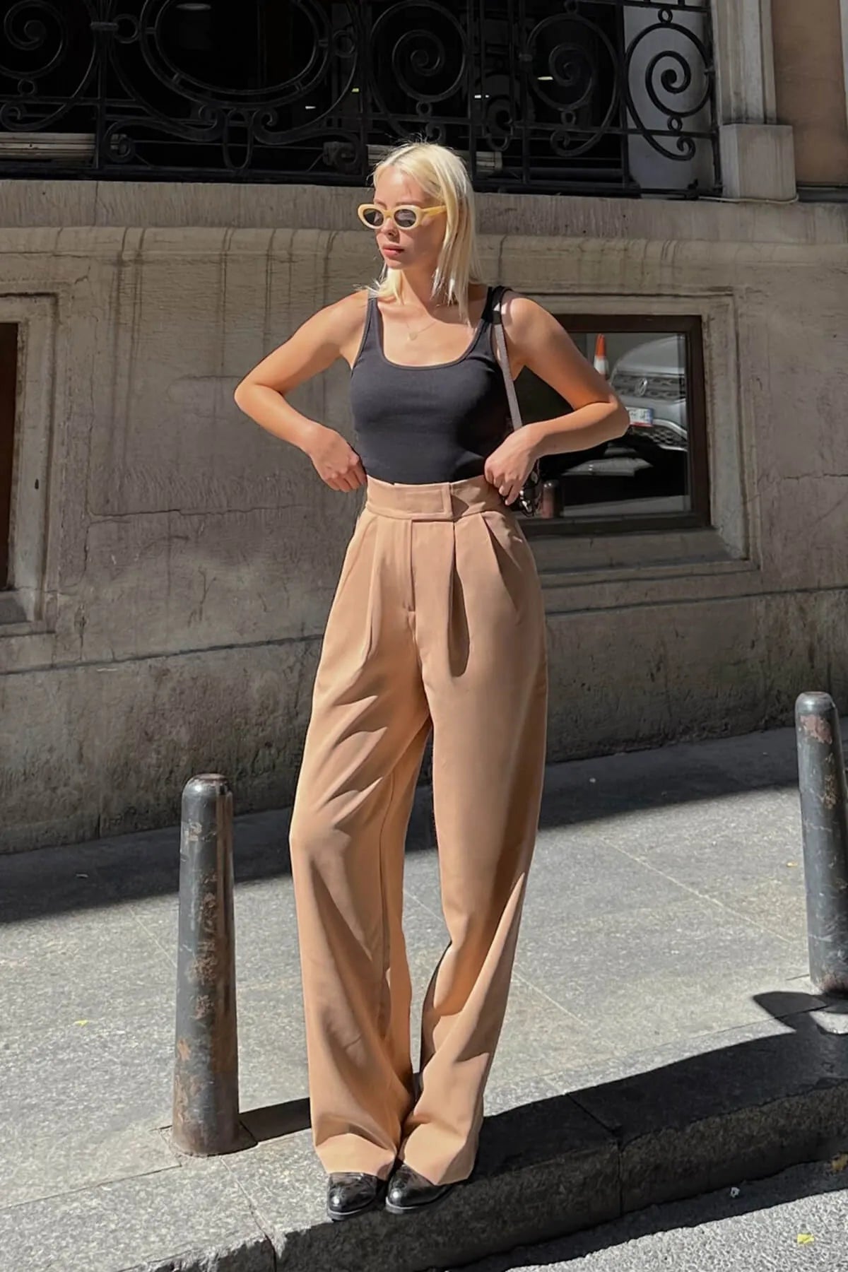 Vizon Cırtlı Yüksel Bel Wide Leg Kadın Palazzo Pantolon