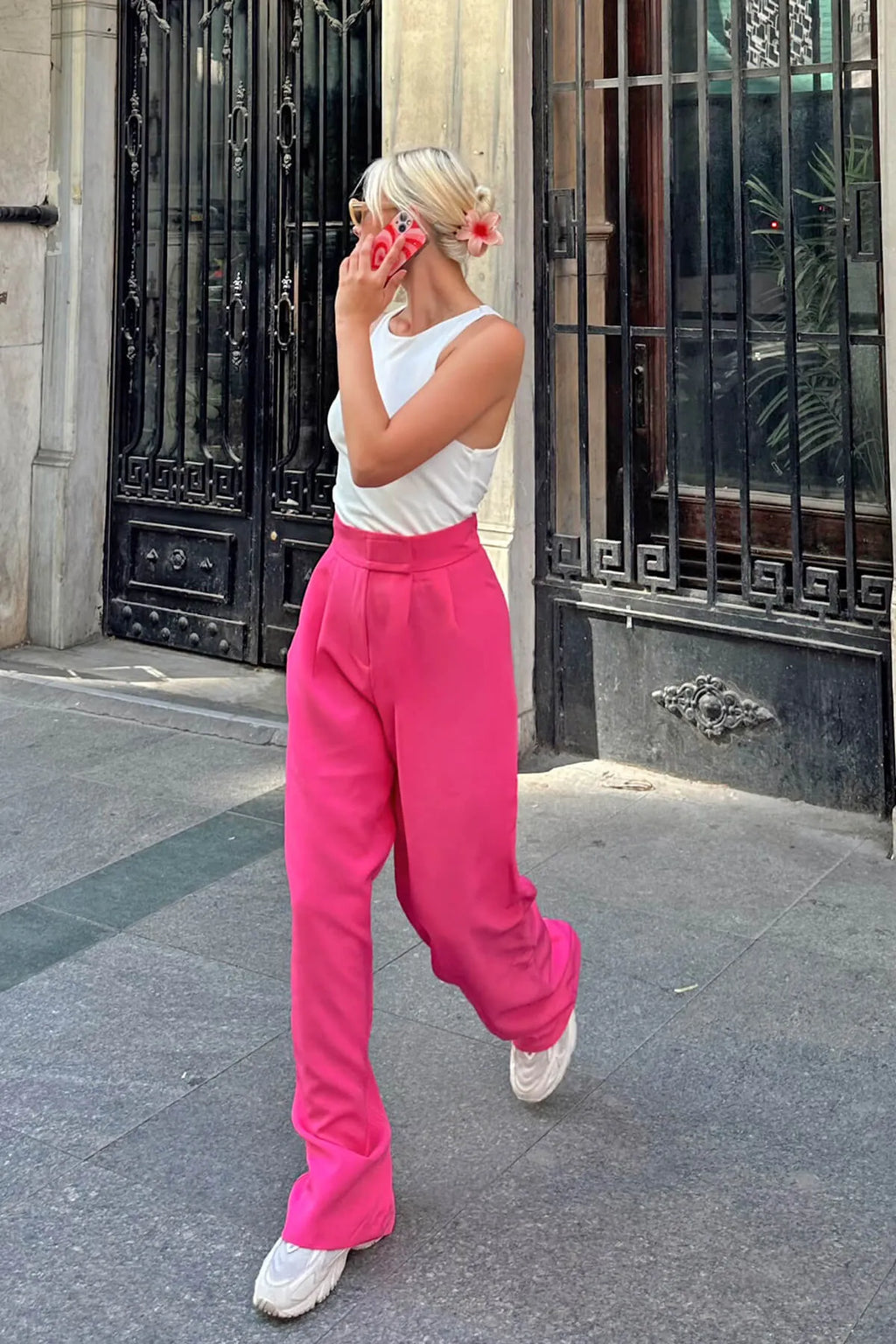 Pembe Cırtlı Yüksel Bel Wide Leg Kadın Palazzo Pantolon