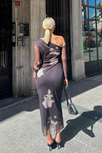 Siyah Tek Omuz Yan Drapeli Astarlı Kadın Tül Midi Elbise