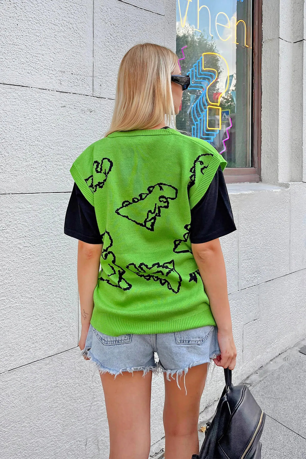 Yeşil Noa Dinazor Desenli Oversize Kadın Triko Süveter