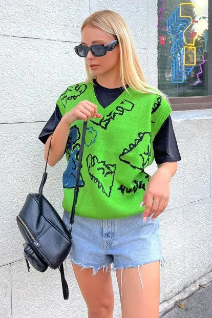 Yeşil Noa Dinazor Desenli Oversize Kadın Triko Süveter