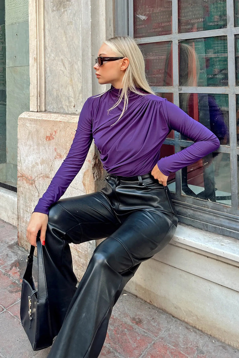 Mor Yarım Balıkçı Omuz ve Bel Drapeli Kadın Bluz Crop