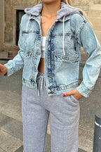 Mavi Kapüşonlu Cepli Kadın Denim Crop Kot Ceket