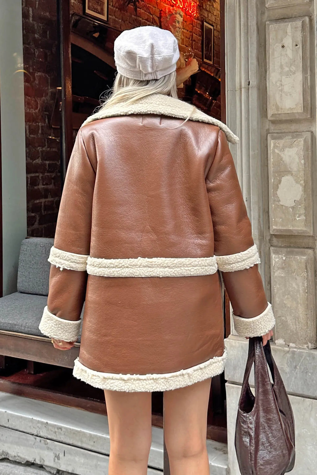 Kahverengi Elsie Peluş Cep Kruvaze Içi Kürklü Çıt Çıtlı Kadın Deri Mont