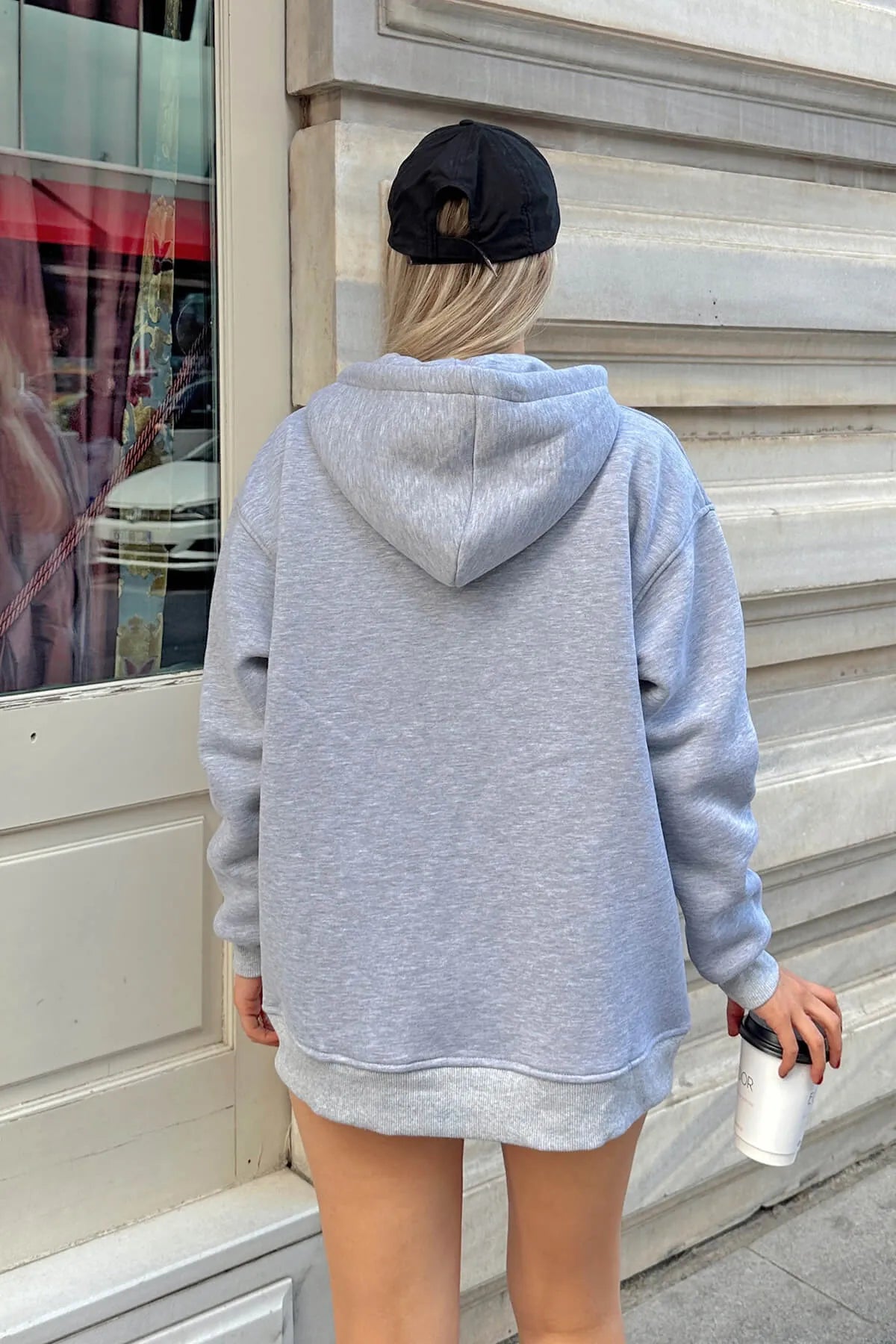 Gri Fermuarlı Oversize Kapüşonlu İçi Polarlı Kadın Sweatshirt