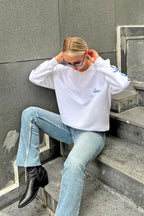 Beyaz Clfrnia Nakışlı Bisiklet Yaka İçi Polarlı Kadın Sweatshirt