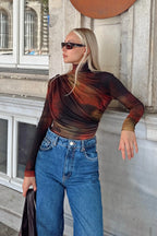 Turuncu Batik Desen Yarım Balıkçı Omuz ve Bel Drapeli Kadın Bluz Crop