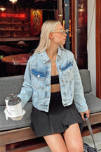 Mavi Gömlek Yaka Klasik Kadın Denim Crop Ceket