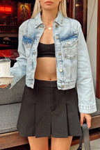 Mavi Gömlek Yaka Klasik Kadın Denim Crop Ceket