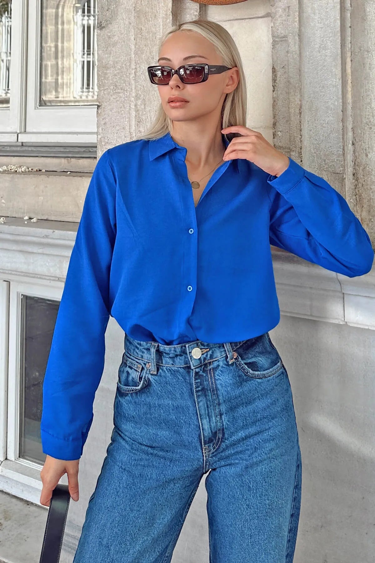 Saks Mavisi Oversize Uzun Basic Kadın Gömlek