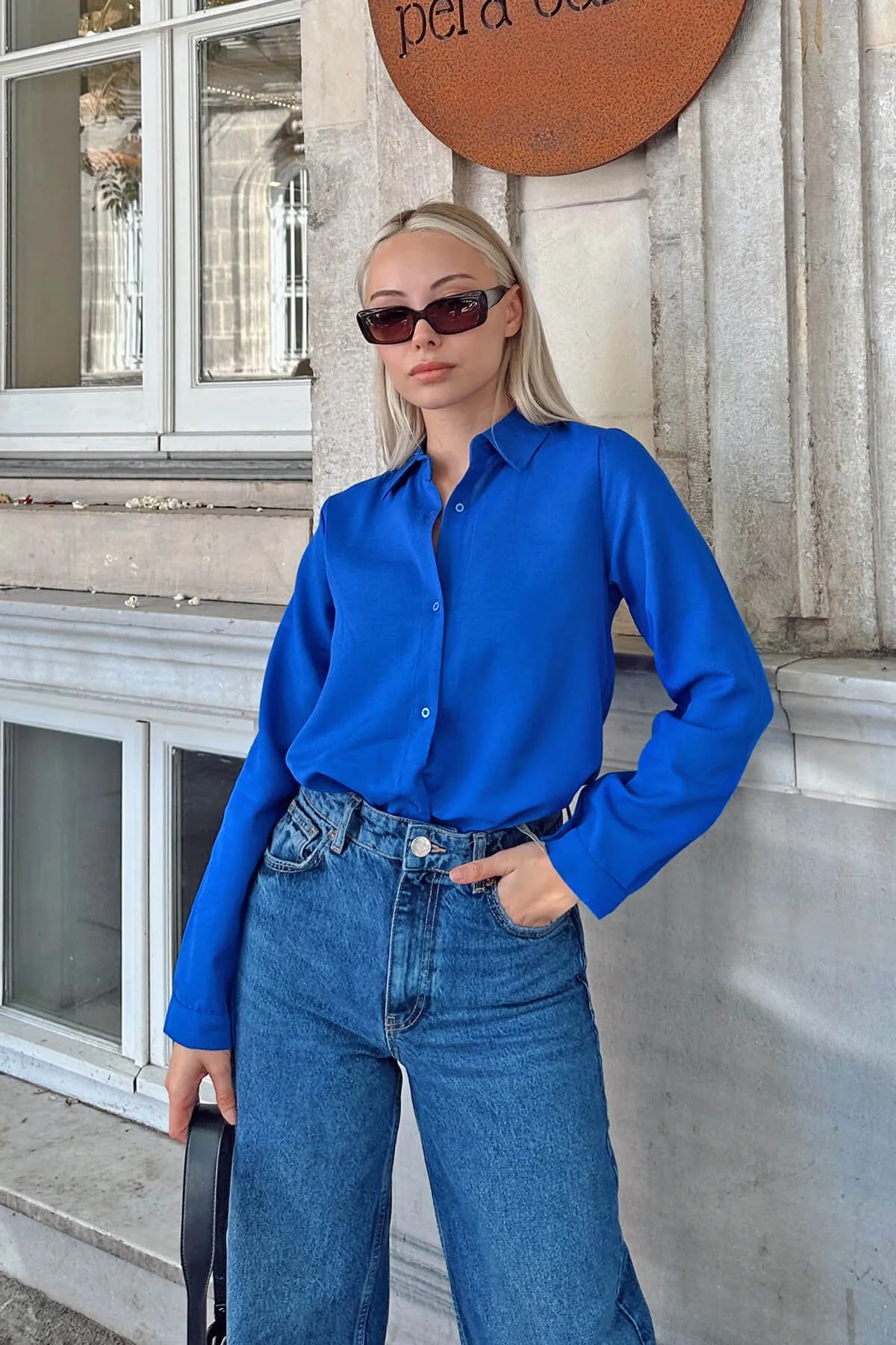 Saks Mavisi Oversize Uzun Basic Kadın Gömlek