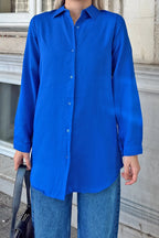 Saks Mavisi Oversize Uzun Basic Kadın Gömlek