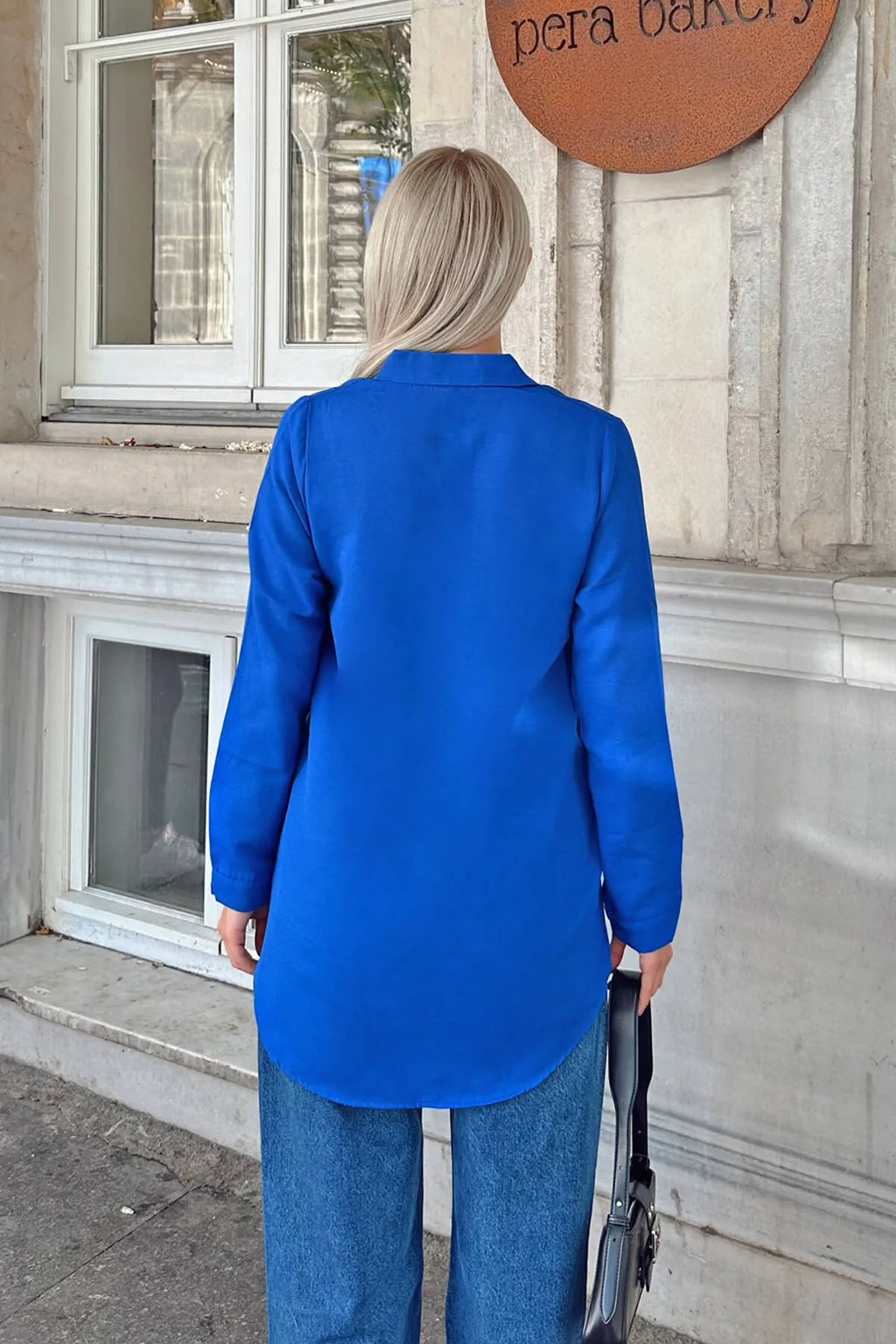 Saks Mavisi Oversize Uzun Basic Kadın Gömlek
