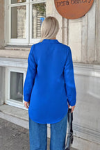 Saks Mavisi Oversize Uzun Basic Kadın Gömlek