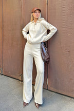 Bej Düğmeli Polo Yaka Örgü Hırka-Pantolon Kadın Triko Alt-Üst Takım