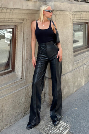 Siyah Leather Çimalı Yüksek Bel Geniş Paça Kadın Suni Deri Pantolon