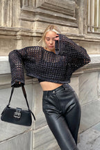 Siyah File Örgü İspanyol Kol Simli Kadın Triko Crop Bluz