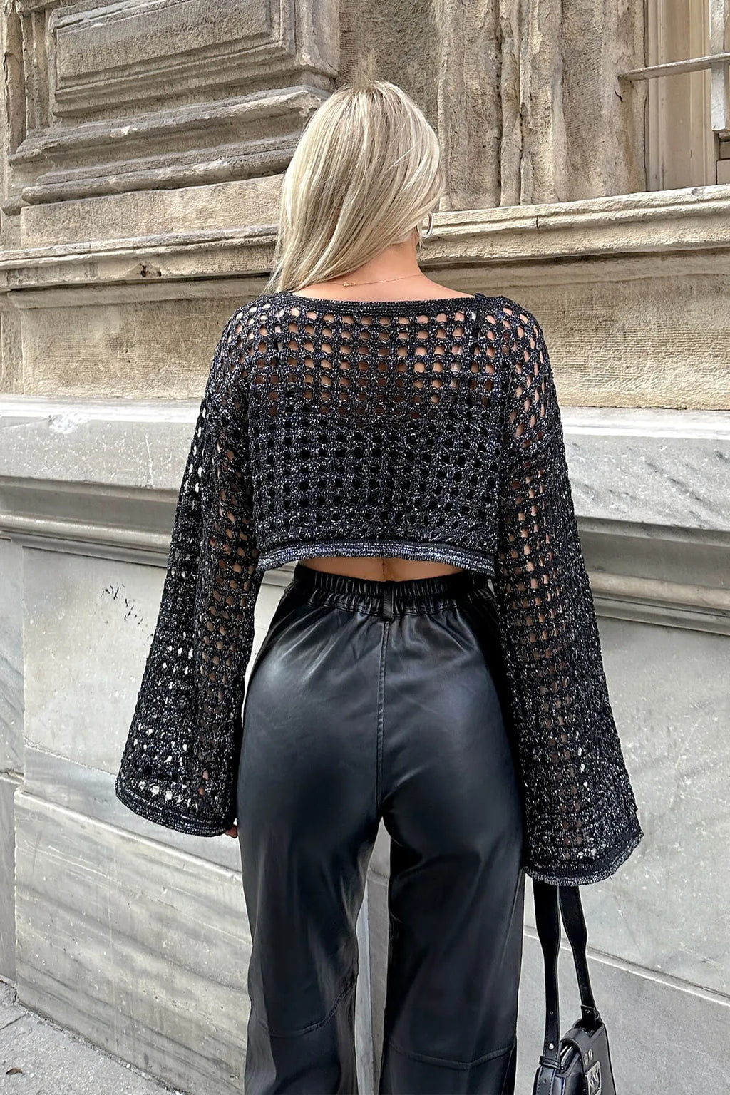 Siyah File Örgü İspanyol Kol Simli Kadın Triko Crop Bluz