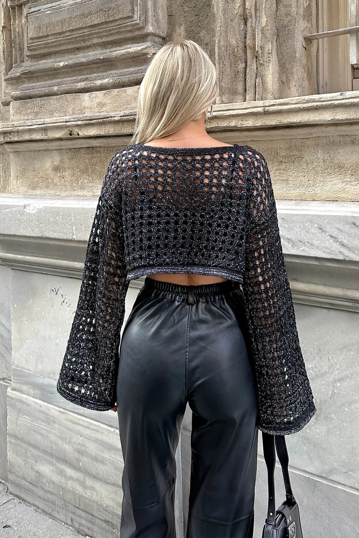 Siyah File Örgü İspanyol Kol Simli Kadın Triko Crop Bluz