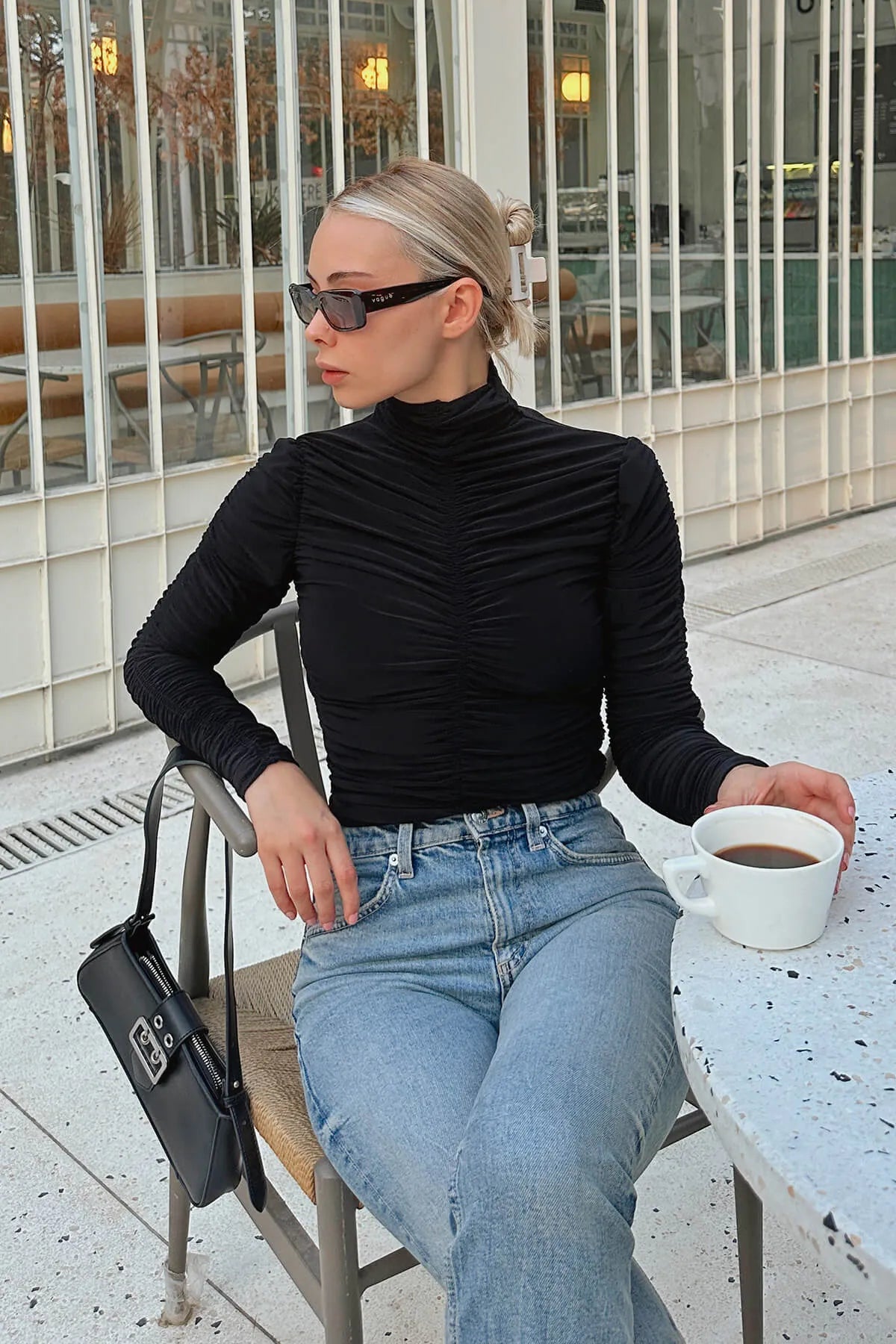 Siyah Full Drapeli Yarım Balıkçı Kadın Crop Bluz