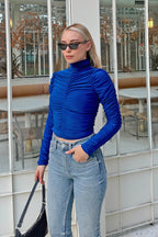 Saks Mavisi Full Drapeli Yarım Balıkçı Kadın Crop Bluz