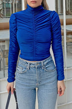 Saks Mavisi Full Drapeli Yarım Balıkçı Kadın Crop Bluz