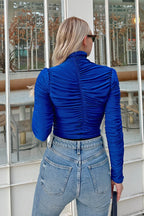 Saks Mavisi Full Drapeli Yarım Balıkçı Kadın Crop Bluz