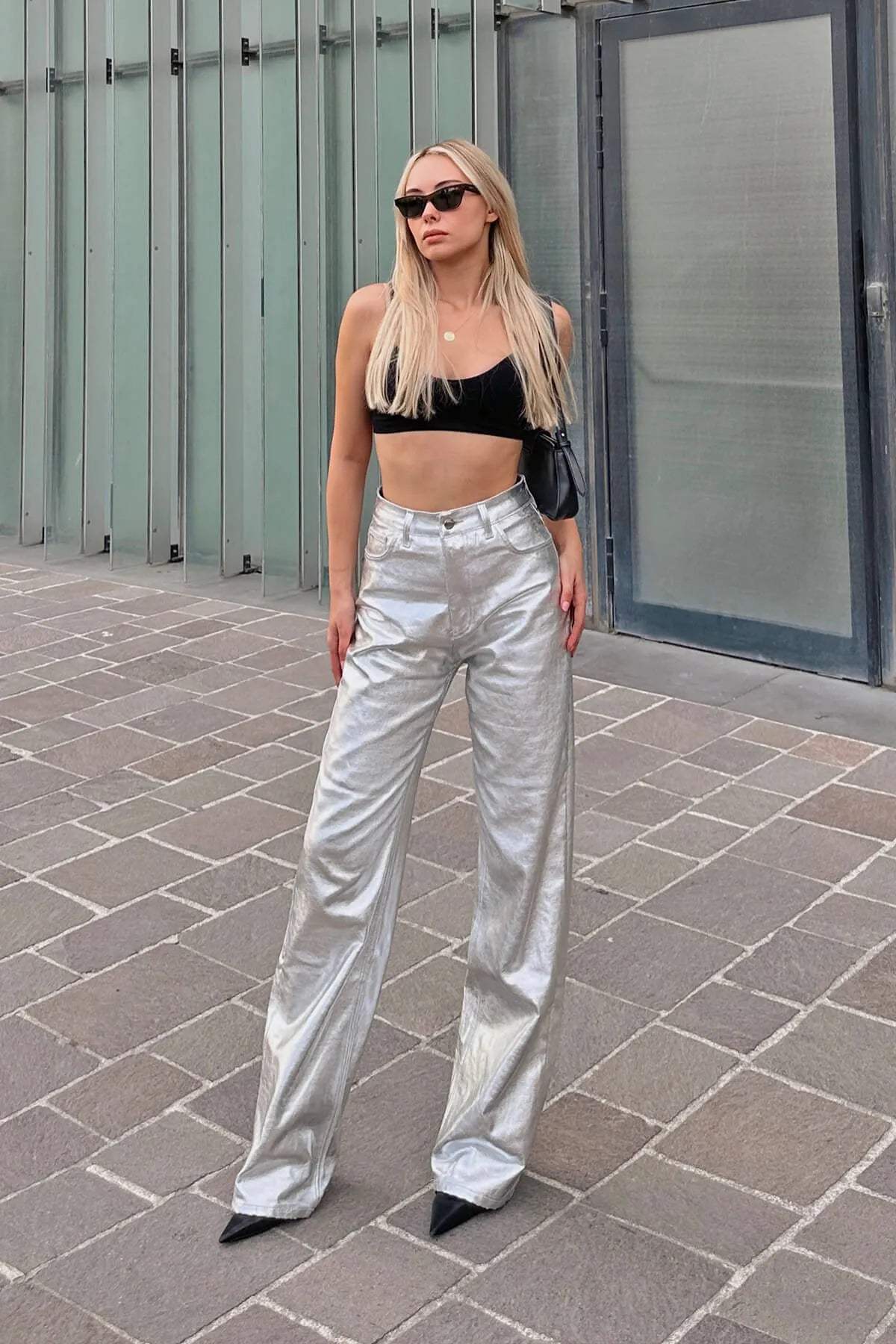 Gri Geniş Paça Gümüş Varaklı Cepli Yüksek Bel Kadın Pantolon