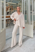 Bej Fine Fitilli Oversize Gömlek-Pantolon Kadın Alt-Üst Takım