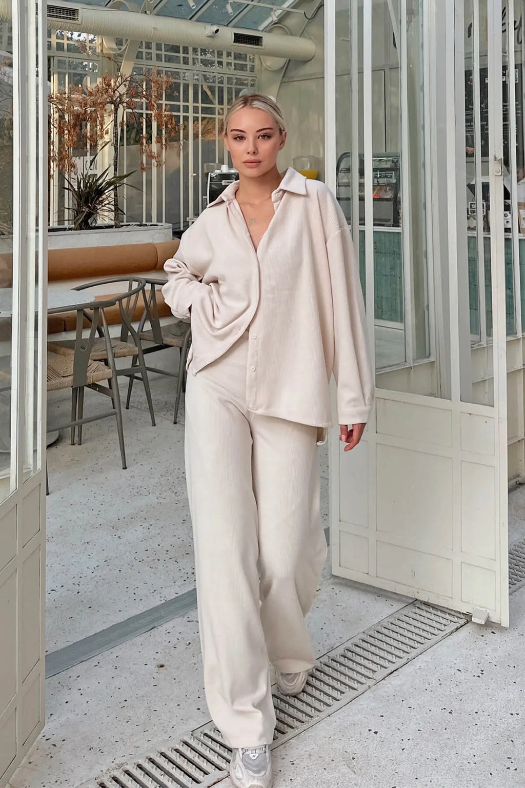 Bej Fine Fitilli Oversize Gömlek-Pantolon Kadın Alt-Üst Takım
