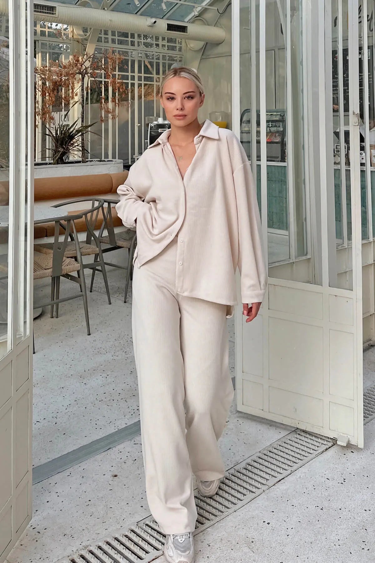 Bej Fine Fitilli Oversize Gömlek-Pantolon Kadın Alt-Üst Takım