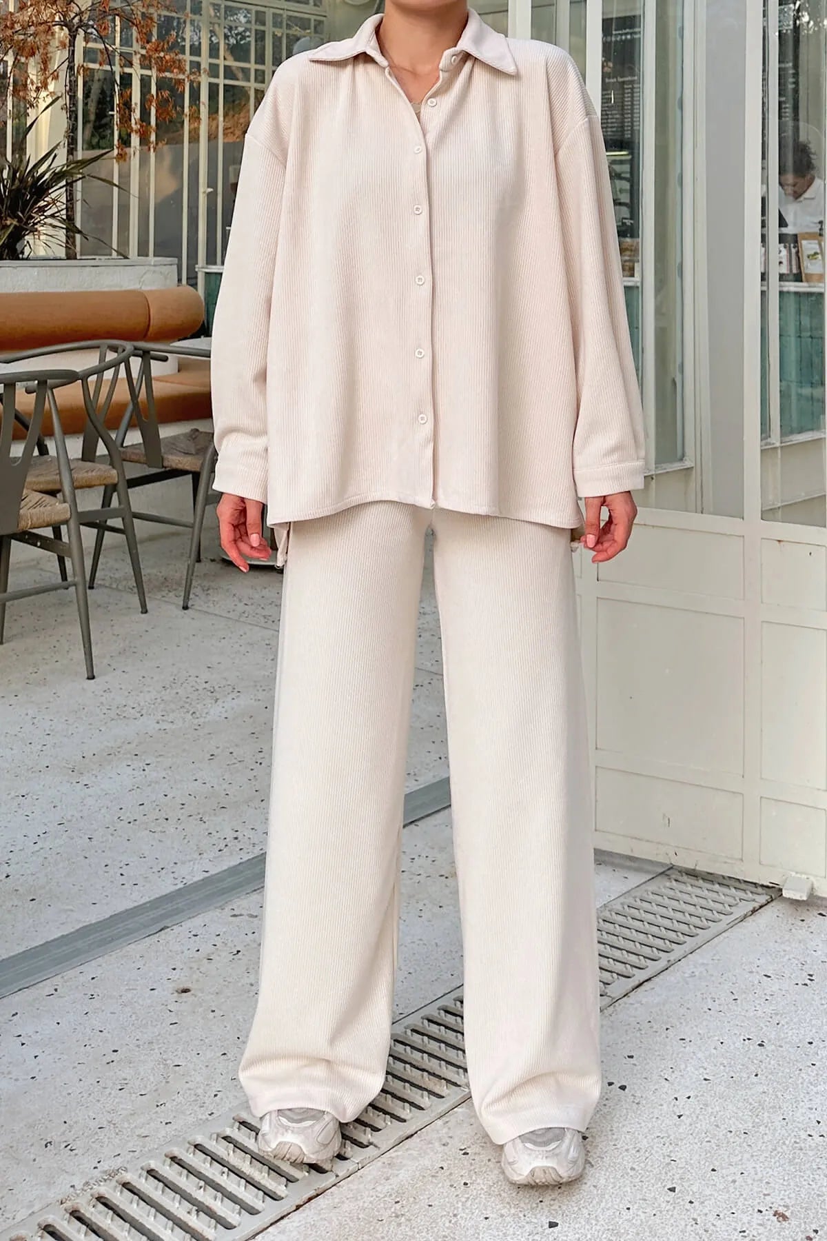 Bej Fine Fitilli Oversize Gömlek-Pantolon Kadın Alt-Üst Takım