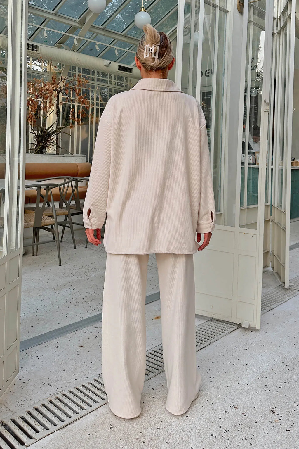 Bej Fine Fitilli Oversize Gömlek-Pantolon Kadın Alt-Üst Takım