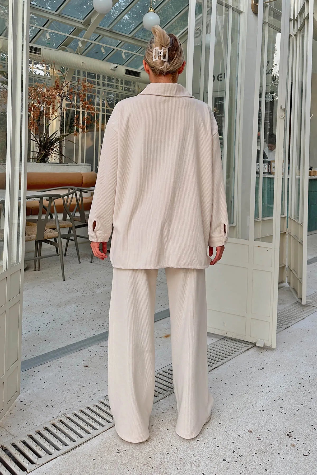 Bej Fine Fitilli Oversize Gömlek-Pantolon Kadın Alt-Üst Takım