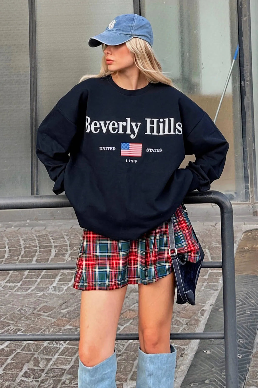 Lacivert Bevrly Baskılı Oversize Bisiklet Yaka İçi Pamuklu Kadın Sweatshirt