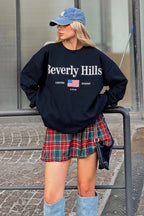 Lacivert Bevrly Baskılı Oversize Bisiklet Yaka İçi Pamuklu Kadın Sweatshirt