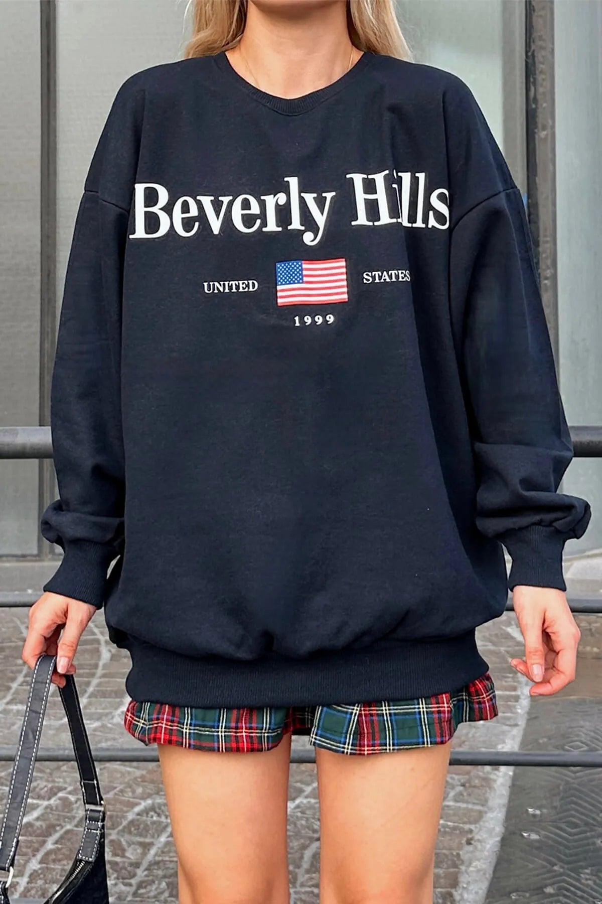 Lacivert Bevrly Baskılı Oversize Bisiklet Yaka İçi Pamuklu Kadın Sweatshirt