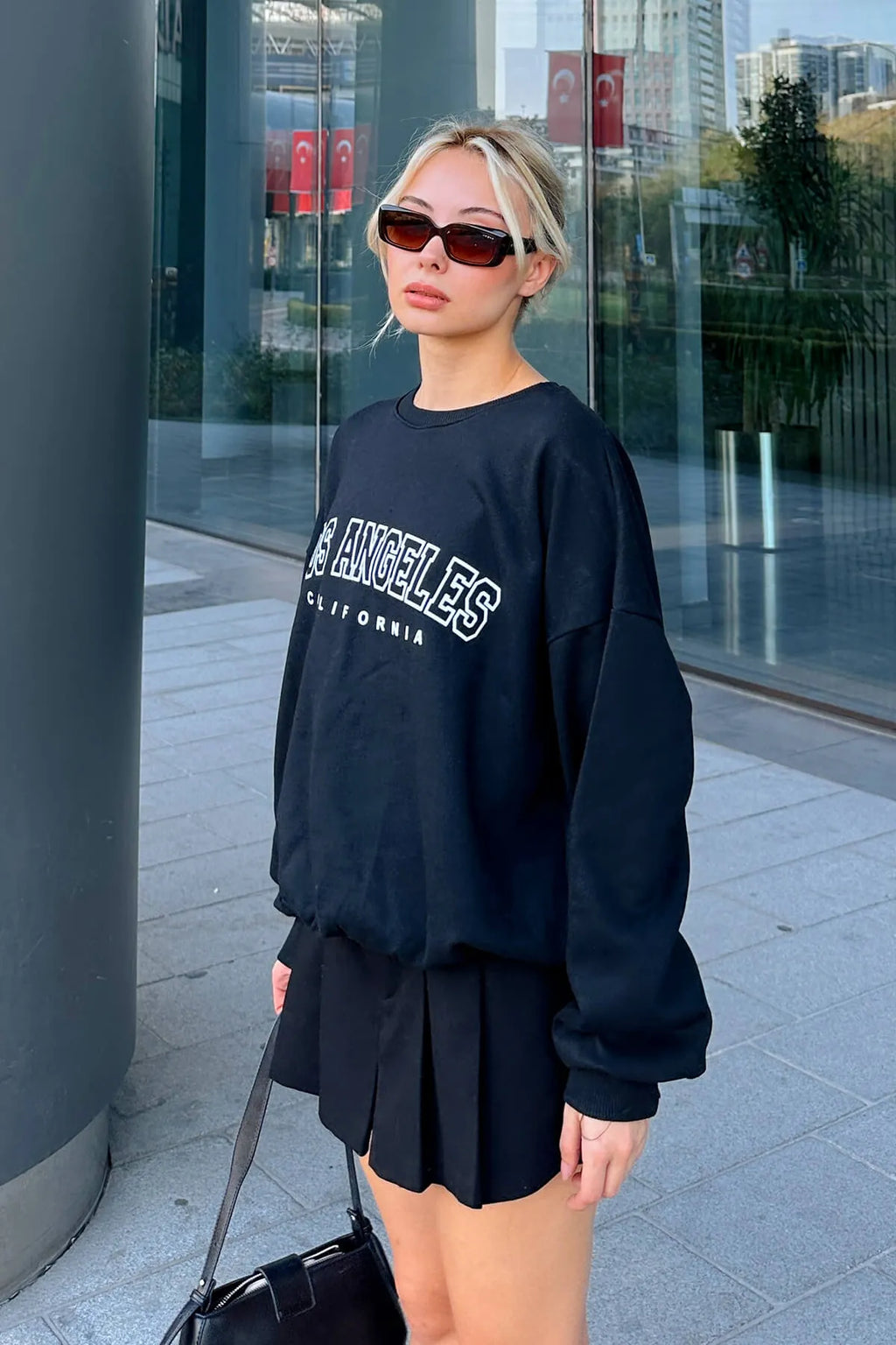 Siyah Joel Los Angls Baskılı Bisiklet Yaka İçi Pamuklu Kadın Sweatshirt