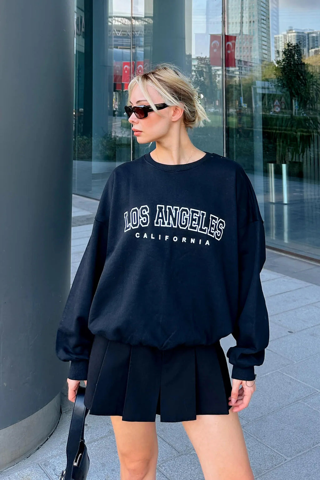 Siyah Joel Los Angls Baskılı Bisiklet Yaka İçi Pamuklu Kadın Sweatshirt