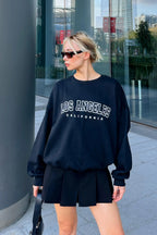 Siyah Joel Los Angls Baskılı Bisiklet Yaka İçi Pamuklu Kadın Sweatshirt