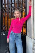 Pembe Yarım Balıkçı Omuz ve Bel Drapeli Kadın Bluz Crop
