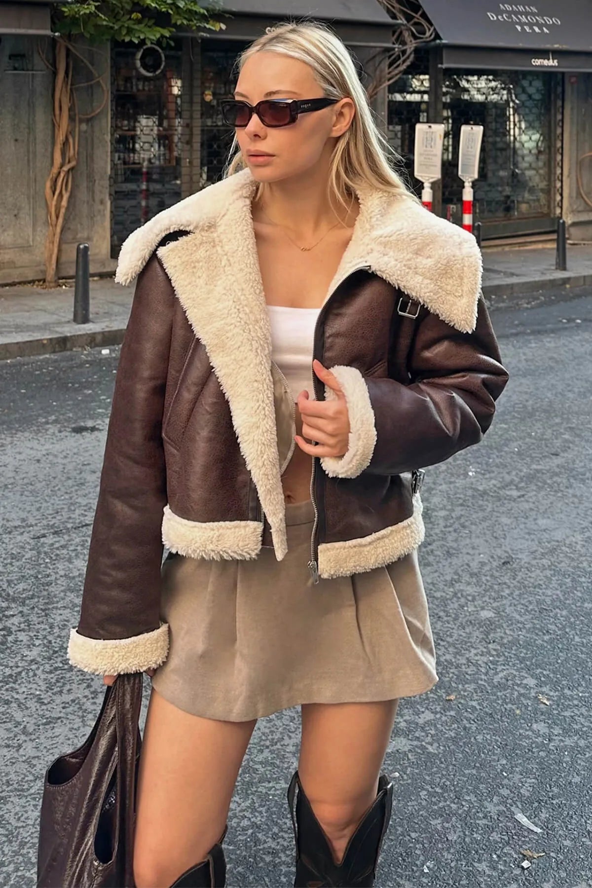 Kahverengi İçi Peluş Crop Kadın Deri Mont