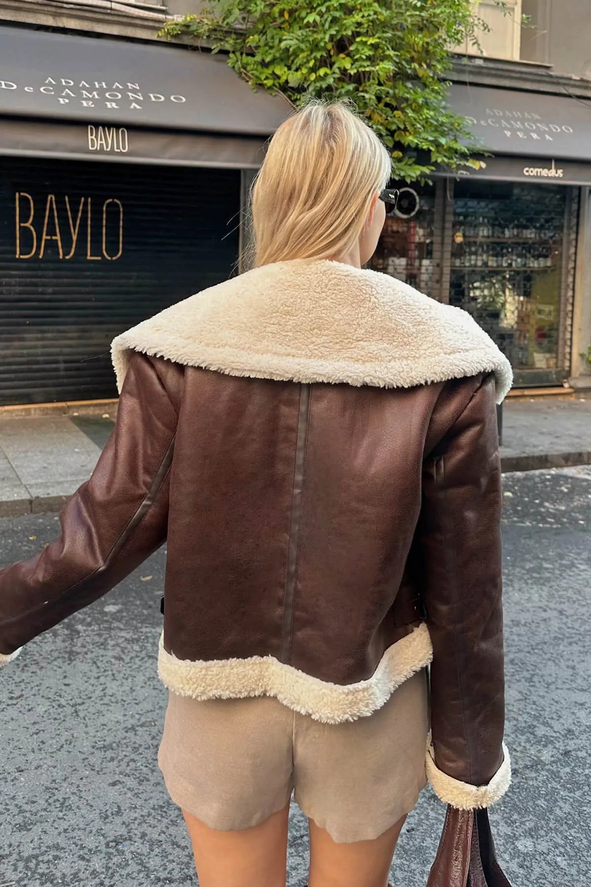 Kahverengi İçi Peluş Crop Kadın Deri Mont