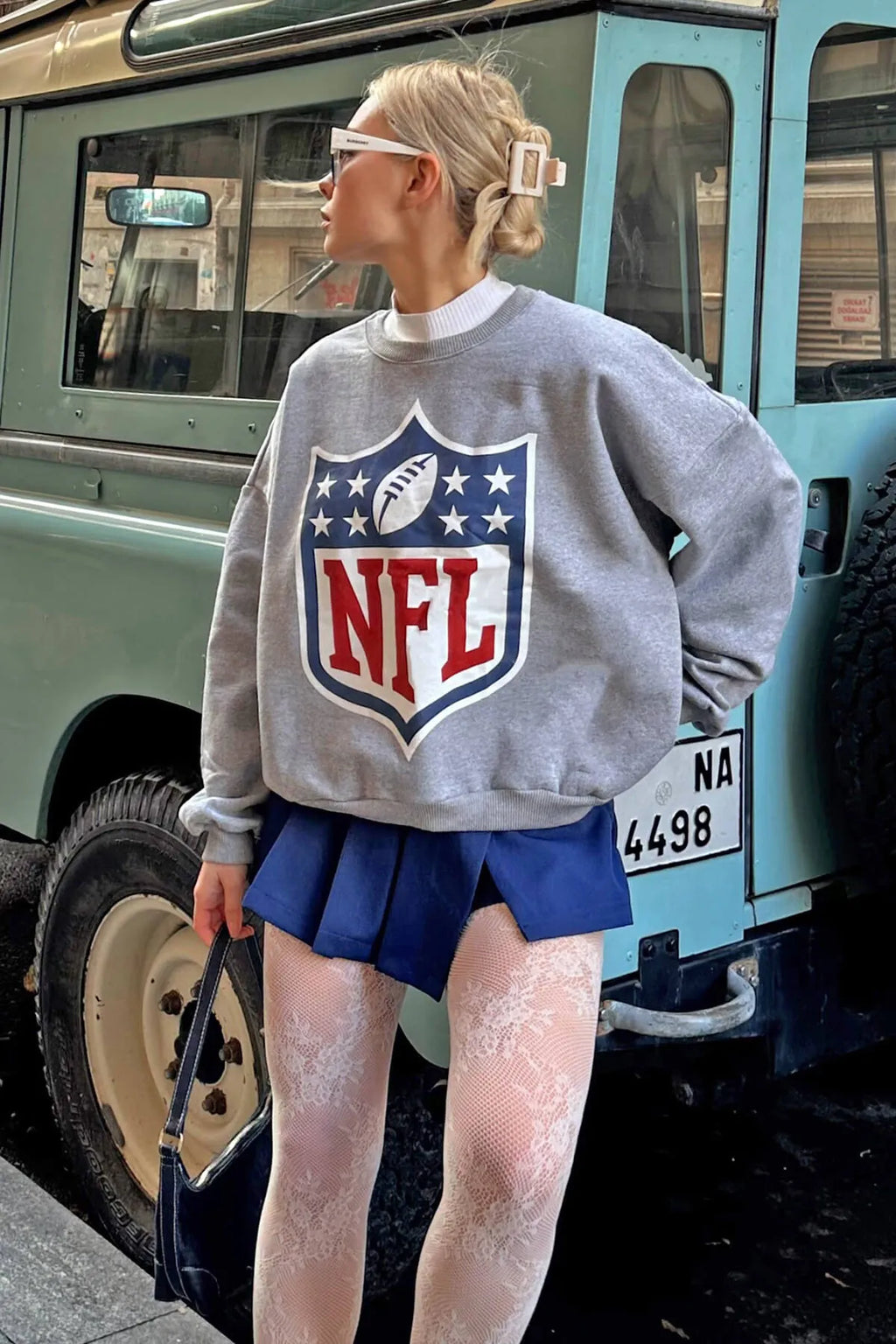 Gri Nfl Baskılı Bisiklet Yaka İçi Pamuklu Kadın Sweatshirt