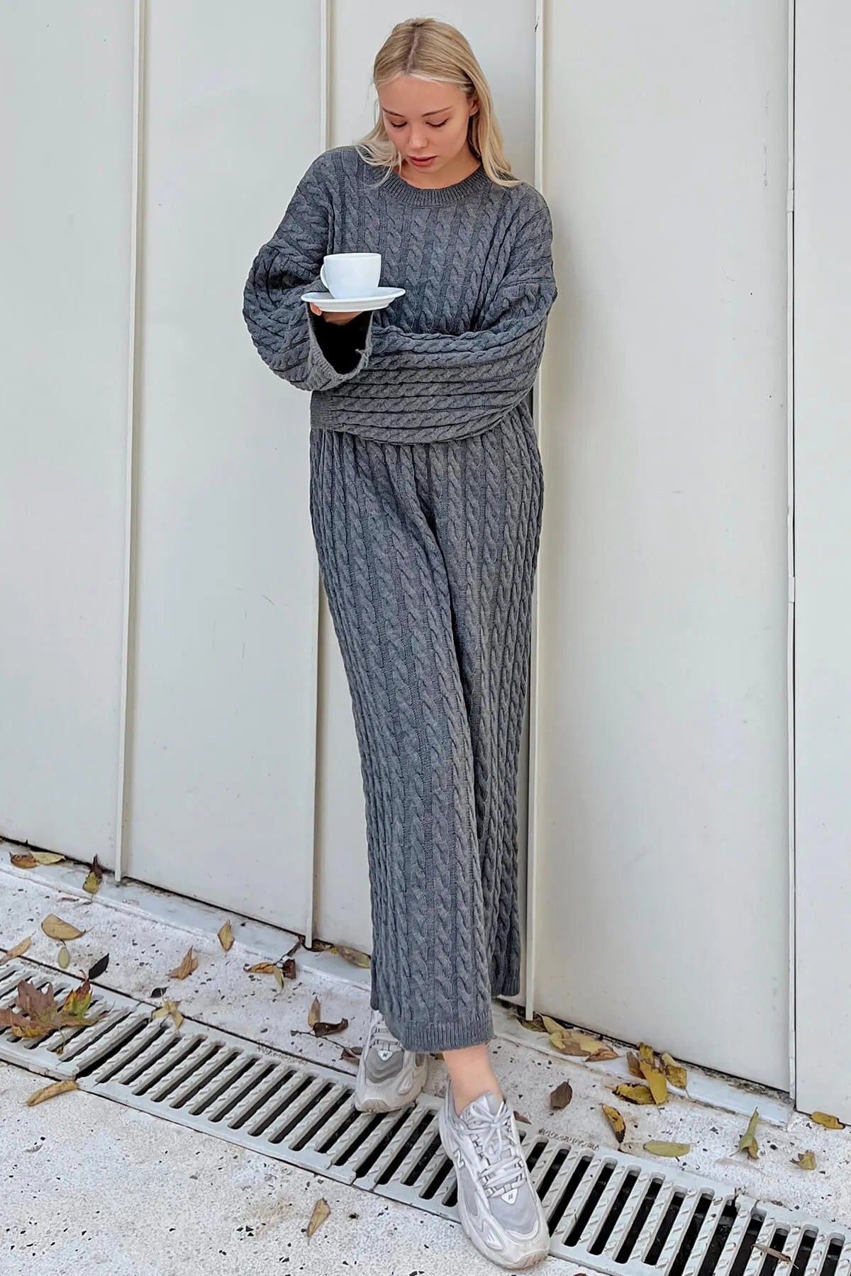 Füme Bisiklet Yaka Saç Örgülü Kadın Triko Midi Elbise