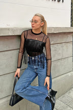 Siyah Saçaklı Transparan Kadın Tül Crop Bluz
