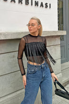 Siyah Saçaklı Transparan Kadın Tül Crop Bluz
